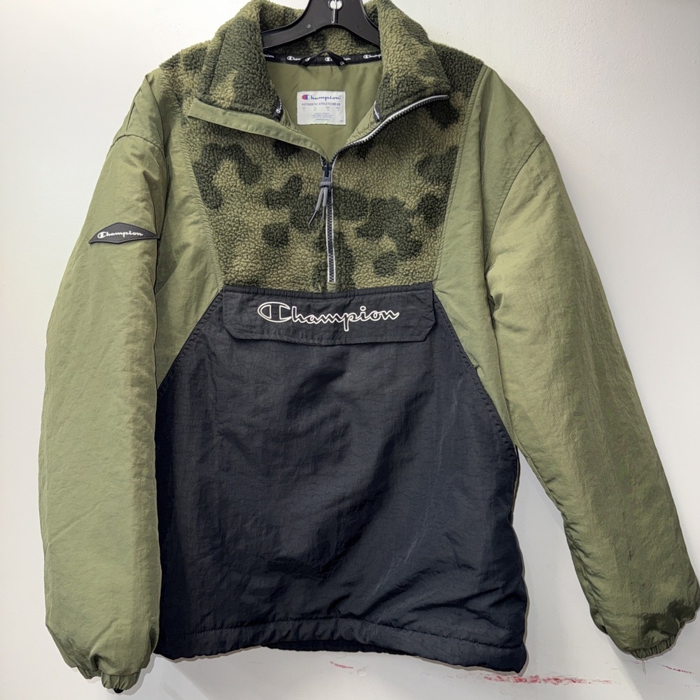 Champion‎ Mens Small Anorak Windbreaker Olive Green Black Camo Quarter Zip V7405